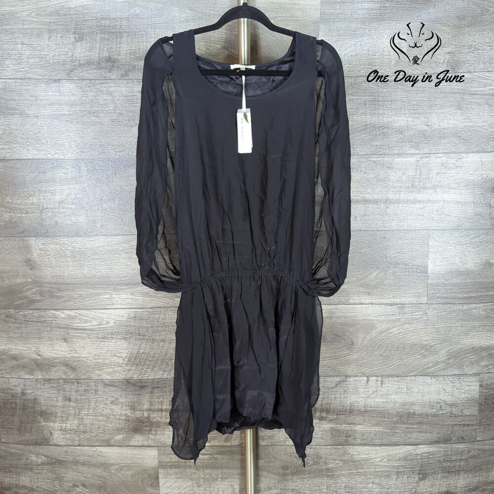 Gold Hawk Silk Caplet Dress Black Sheer Sleeve Asymmetrical NWT $273 Size S